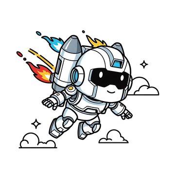 Playful Astronaut Cat With Rocket Jetpack Flying.