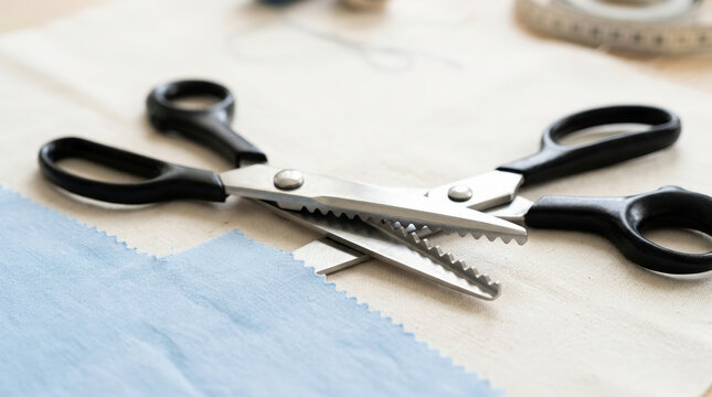 Black fabric scissors with zigzag blades cutting through light blue patterned textile, crafting and sewing concept. Useful for DIY projects, fabric design, and creative workshops.