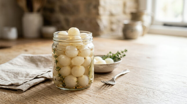 Glass jar filled with peeled pearl onions on rustic wooden table. Minimalist kitchen setup with fresh herbs and vintage ceramic bowl. Perfect for culinary inspiration, recipe development,