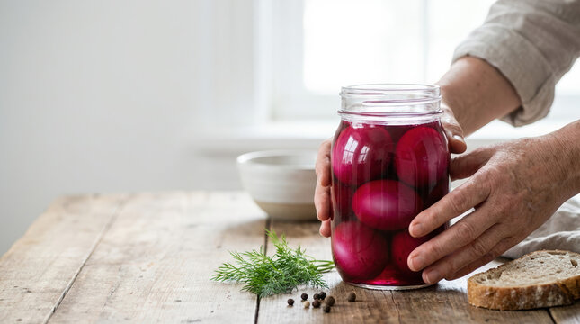 Hands pouring pickled eggs in beet brine from glass jar onto wooden surface with fresh herbs. Homemade preserved food concept, perfect for culinary blogs, recipe guides, or healthy eating content.