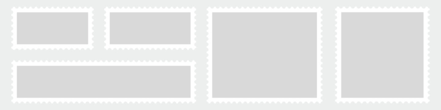 Postage stamp set. Postage stamp icons and frames. Blank postage stamps set of various sizes and shapes. Mockup postage stamps. white postage stamp borders templates.