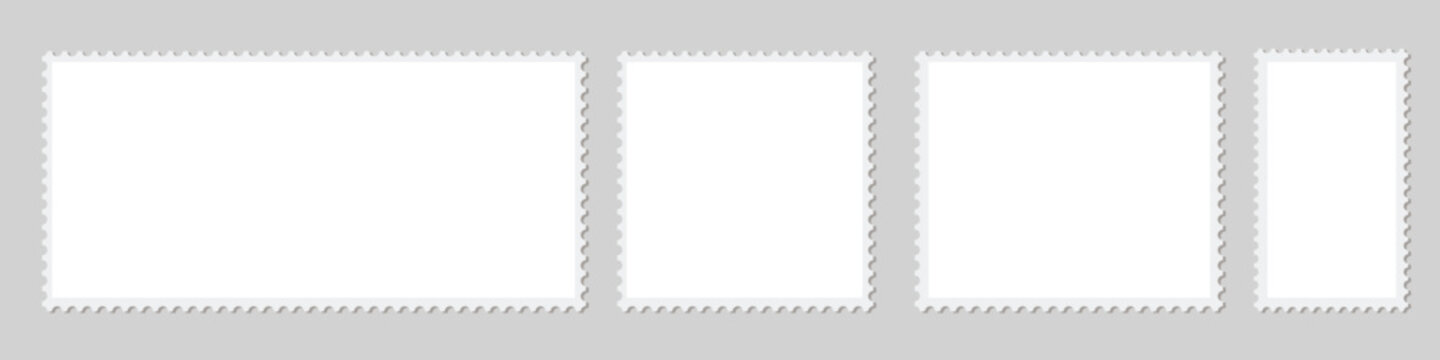 Postage stamp set. Postage stamp icons and frames. Blank postage stamps set of various sizes and shapes. Mockup postage stamps. white postage stamp borders templates.