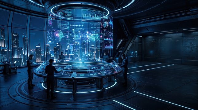 Futuristic ai command center with holographic display and team of professionals working on data analysis and technology development in a high tech laboratory setting