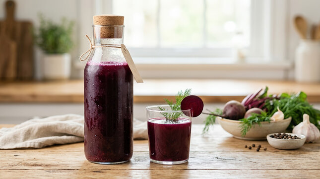 Freshly prepared fermented beet kvass in glass bottle and small glass with fresh greens and beetroot on wooden table. Healthy beverage concept for wellness, nutrition, and natural living.