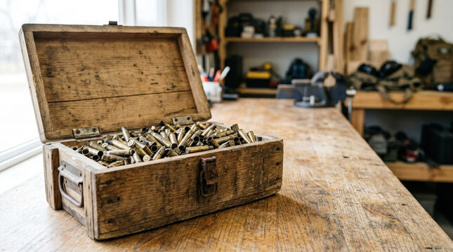 Vintage wooden ammunition box filled with brass shell casings on workshop table for advertising social media banner website marketing and commercial editorial use
