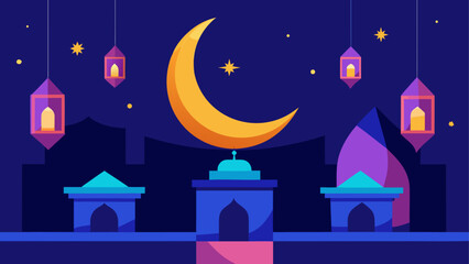 Ramadan mosque illustration with crescent moon and lanterns © sumona
