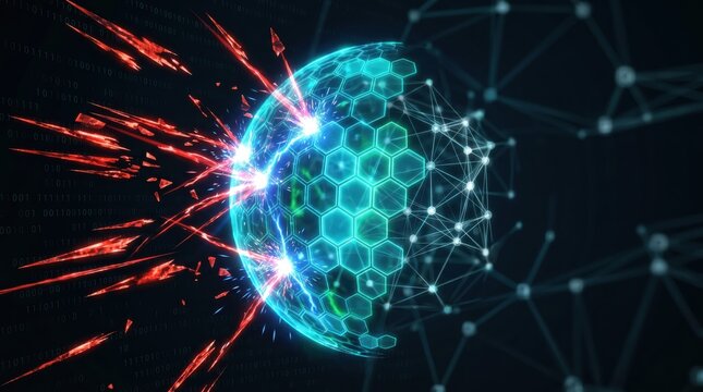 Glowing cybersecurity shield with hexagonal matrix protects against malicious cyber attacks and threats in a futuristic digital environment with red sparks and dark background