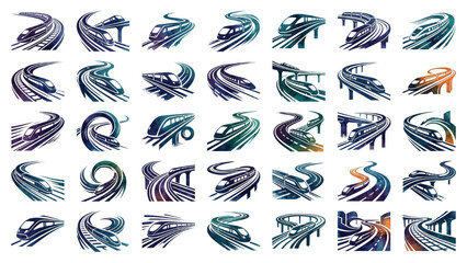 Fototapeta premium Urban Transit Line Vector Pack with Watercolor Silhouette Collage Style Railway Motion Curves for Futuristic Transport Design