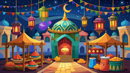 Vibrant Ramadan marketplace, colorful lanterns, festive food stalls, Islamic architecture © sumona