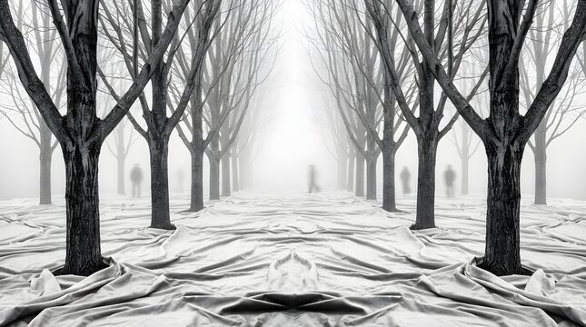 black and white illustration of bare trees in snowy landscape