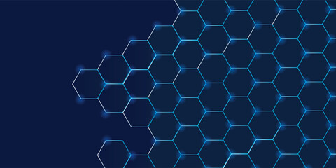 Dark hexagon abstract technology background with blue colored bright flashes under hexagon. Hexagonal gaming vector abstract tech background. © Faisal