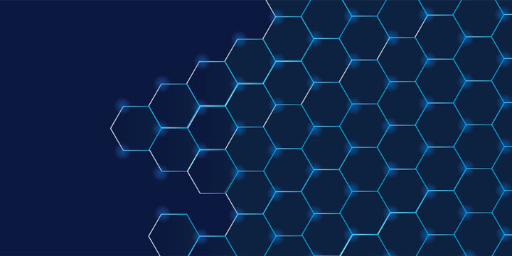 Dark hexagon abstract technology background with blue colored bright flashes under hexagon. Hexagonal gaming vector abstract tech background.