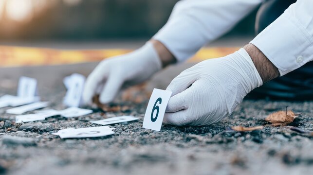 Hand in white glove placing evidence marker number six at forensic crime scene, investigation procedure