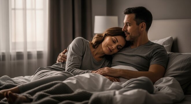 Adult couple sitting comfortably on bed with loving expression in cozy bedroom