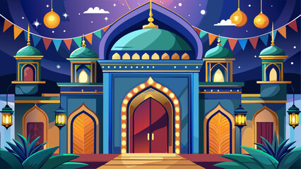 Islamic palace, colorful building, cartoon illustration, night scene, fantasy architecture © sumona