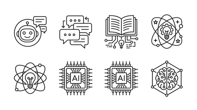 Artificial intelligence icons illustrate complex machine learning systems and advanced neural network processing for modern tech.