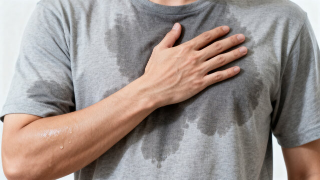 A person wearing a light gray shirt with visible sweat stains, concept of excessive sweating, hyperhidrosis, heat, stress and personal discomfort