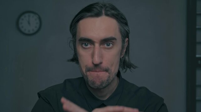 No, stop, enough already! Beautiful guy with long dark hair and a light beard gestures dramatically in a Japanese setting, time displayed on the clock