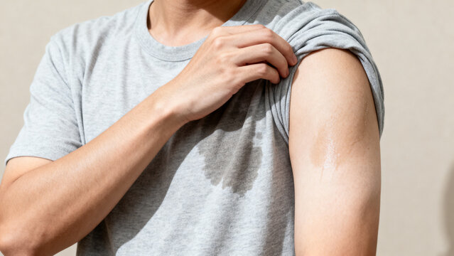 A person wearing a light gray shirt with visible sweat stains, concept of excessive sweating, hyperhidrosis, heat, stress and personal discomfort