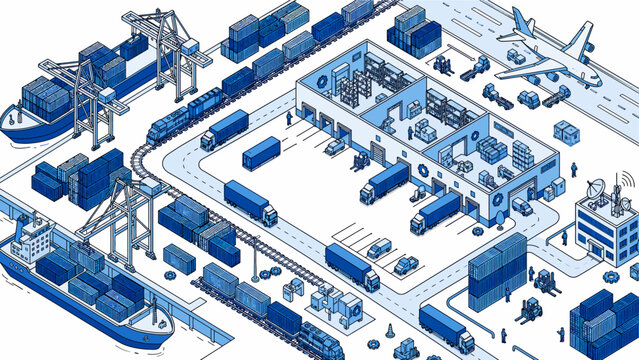 Logistics network center shows international shipping operations including cargo ships, freight trains, trucks, and aircraft.