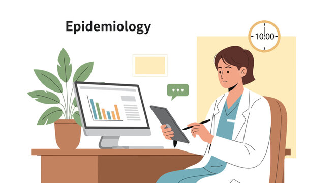 Epidemiologist analyzing data on computer and tablet, charts & graphs
