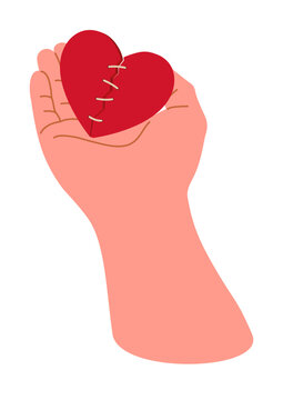 Hand holding a repaired broken heart with stitches symbolizing emotional healing, relationship recovery, compassion, forgiveness, and mental wellness.