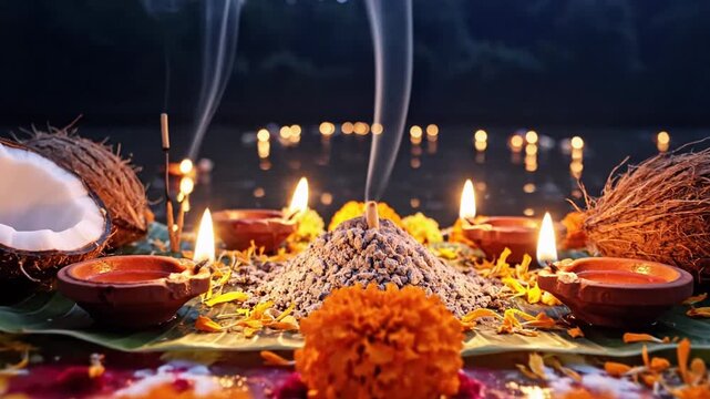 Close-up of spiritual ritual diyas burning on the ganges riverbank for ganga dussehra at night.
