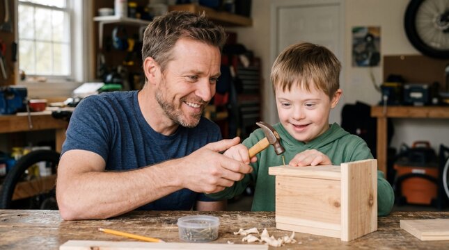 Father Guiding Son with Down Syndrome Building Birdhouse in Workshop