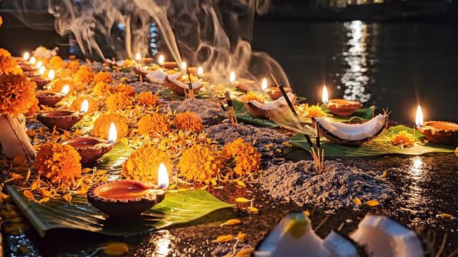 Spiritual ganga dussehra prayer with burning oil lamps and marigolds on the river bank at night.