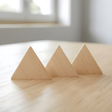 Close up of a row of three blank wooden drawing triangles on a smooth wooden architect table.