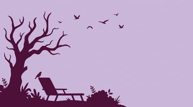 Tranquil Silhouette Scene with Bare Tree, Flying Birds, and Lounge Chair