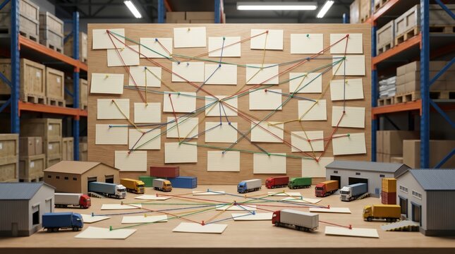 Miniature logistics model showing toy trucks connected by strings to pinned notes inside warehouse diorama