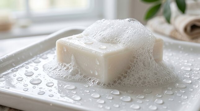 Bar of soap covered in foam and water droplets resting on ceramic soap dish beside window and folded towels on bathroom surface