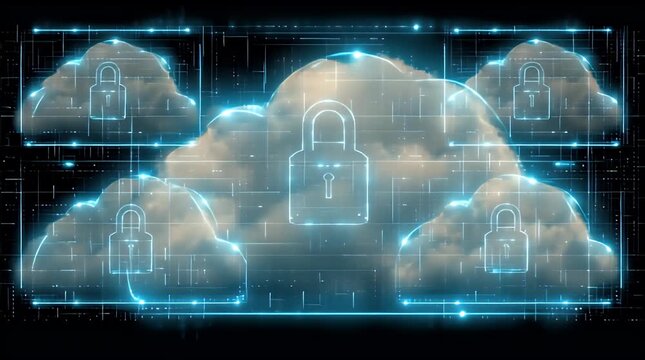 Cloud security padlocks glowing across a digital horizon in a cinematic steady cam panning glide for cybersecurity marketing