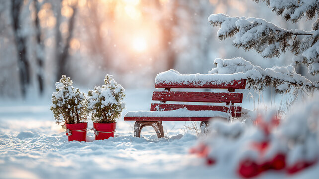 A serene winter scene showcases a red wooden bench covered in snow, positioned under a tree on the right side of the frame. Ai generated