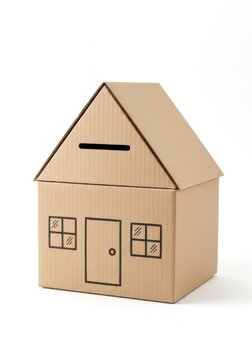Cardboard house-shaped piggy bank with a coin slot