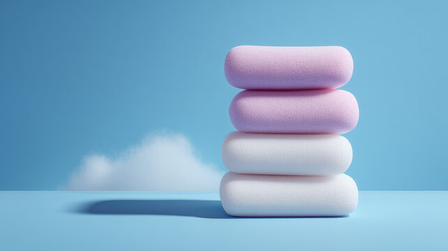 A simple still life shot shows a stack of four fluffy, pillow like forms against a solid light blue backdrop. the top two are distinct. Ai generated