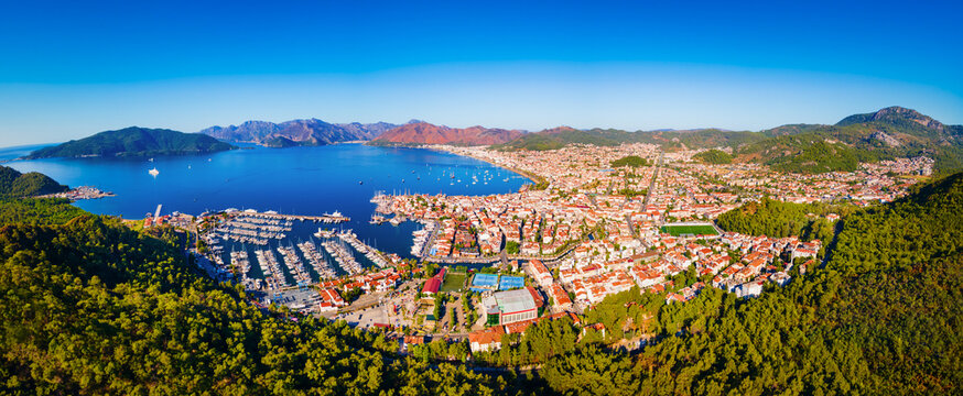 Marmaris marina aerial panoramic view in Mugla Province in Turkey