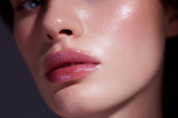 Naklejka premium Close-up glossy lips with luminous wet shine and dewy skin for beauty poster and cosmetic product background design
