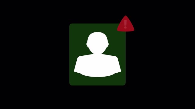 White user profile avatar icon with a red exclamation alert badge on a green square button. Minimalist UI element representing an account error, verification required, or blocked member status on a tr