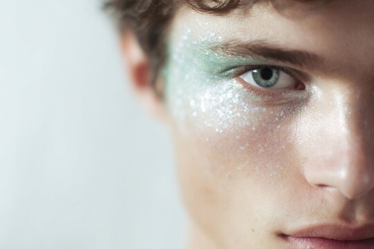 Closeup male eye and upper cheekbone with green glitter makeup for editorial beauty banner and cosmetic advertising background