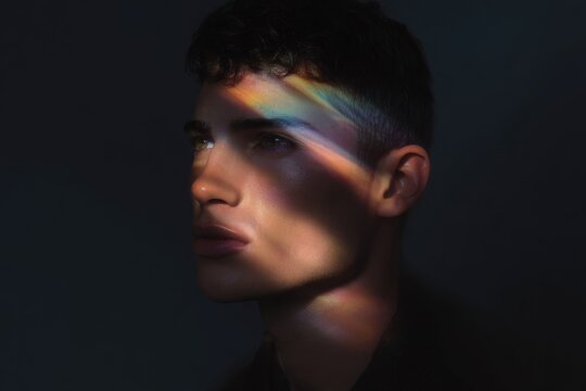 Male model portrait with strobe glow lines and rainbow light for cinematic editorial background and fashion poster design