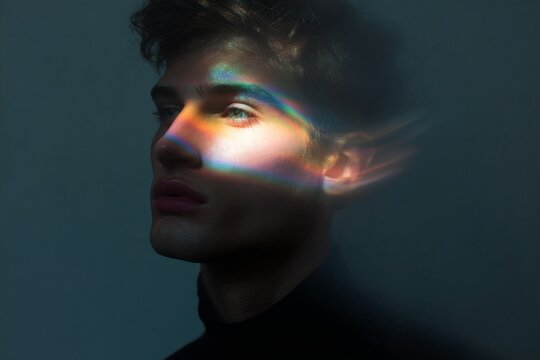 Male portrait with strobe light rainbow streaks and glowy lines for creative editorial background and concept banner design