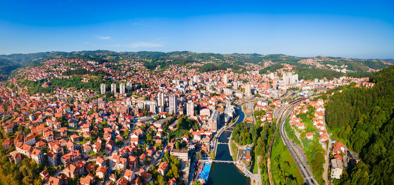 Aerial cityscape view of Uzice city in Serbia
