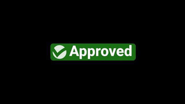 Green approved button icon with a white checkmark and bold text on alpha channel transparent background. Modern UI element representing successful verification, passed quality control, accepted status