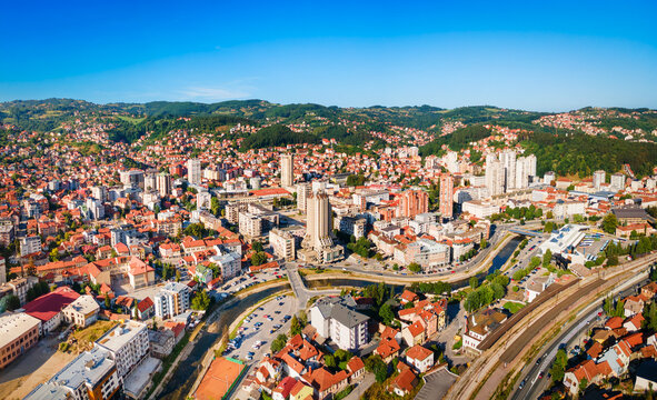 Aerial cityscape view of Uzice city in Serbia