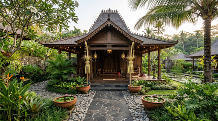 Obraz premium Beautiful tropical wooden pavilion with decorative landscaping, lush greenery, and tranquil pond in a luxury resort environment