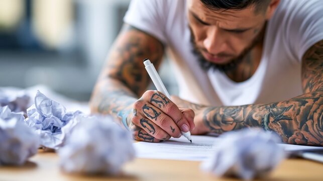 Tattooed person writing on paper, solving problem, thinking for ideas, surrounded by crumpled efforts, creative block