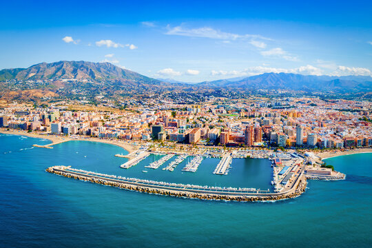 Fuengirola city beach and port aerial panoramic view