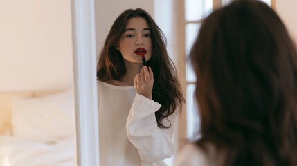 Fototapeta premium Young woman applying red lipstick looking in mirror. Concept of beauty ritual, self care, and personal grooming
